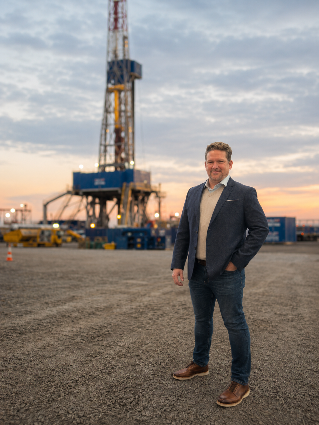Séan A. Emery, founder of EnerSold, at an oilfield drilling site